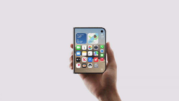 Tela principal de 7,6 polegadas do iPhone Duo apresenta vinco quase imperceptível e câmera frontal posicionada sob o display, preservando a área útil do painel — Foto: Divulgação/Apple
