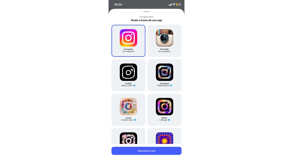 Instagram Plus permite trocar o ícone tradicional do aplicativo por diferentes opções, incluindo versões inspiradas em visuais antigos da rede social — Foto: Reprodução/Instagram