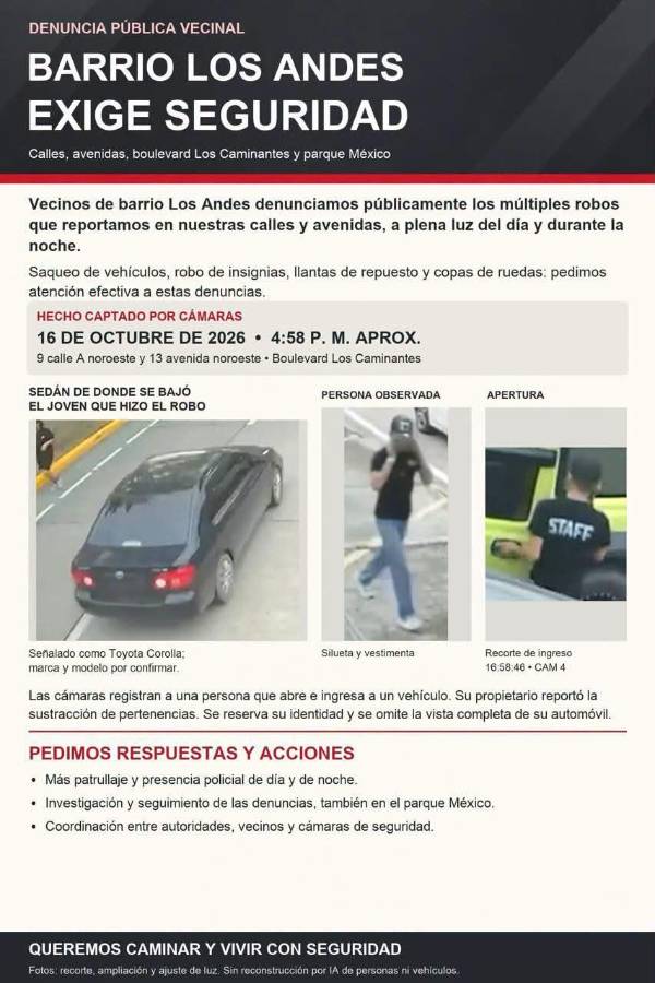 Vecinos del barrio Los Andes denuncian robos de vehículos y exigen más seguridad en SPS