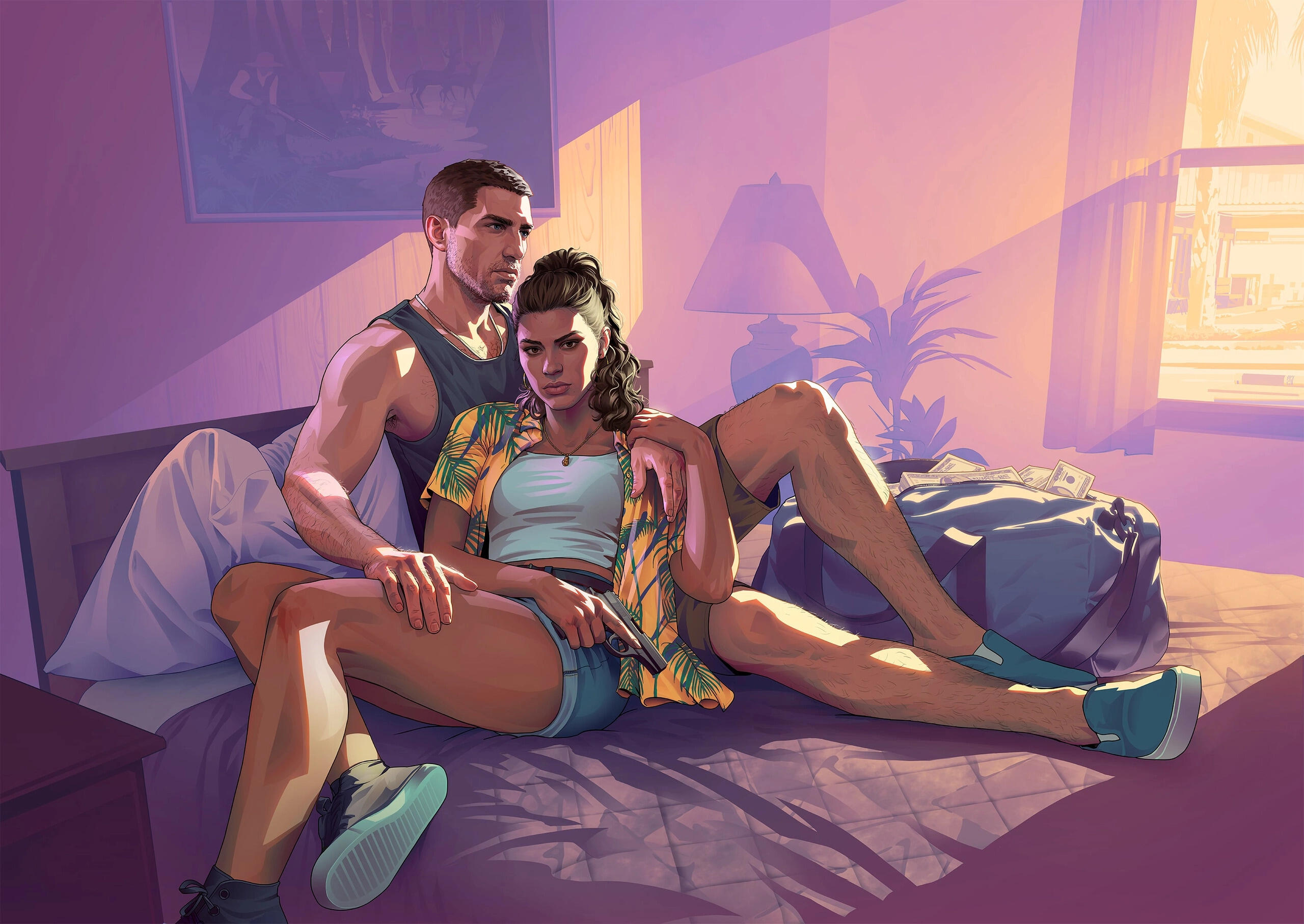 Key art of GTA 6 main characters Lucia and Jason laying in bed together.