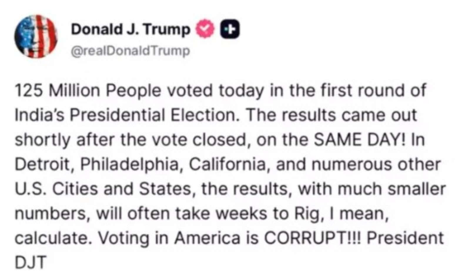 Post de Donald Trump na Truth Social.