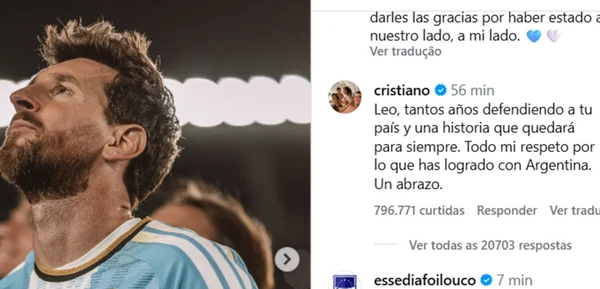 Cristiano Ronaldo exalta Messi após argentino se aposentar da Argentina - destaque galeria