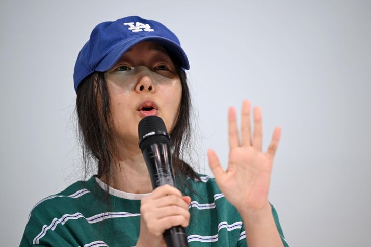 Min Hee-jin, former CEO of HYBE sublabel Ador, speaks during a press conference in Seoul, April 25, 2024. Korea Times photo by Simon Park