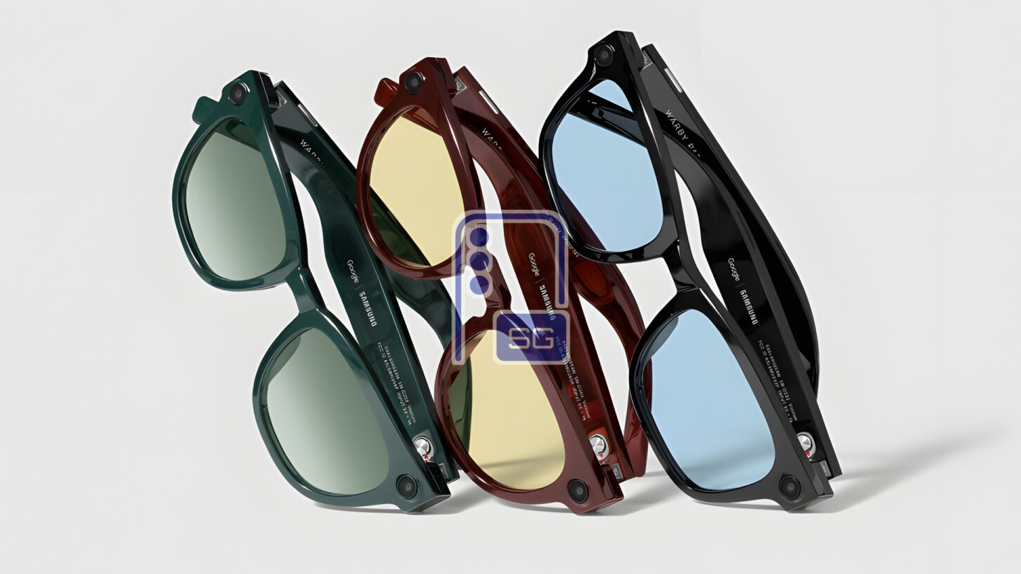 Image of Samsung's smart glasses in the Warby Parker style with three colors.