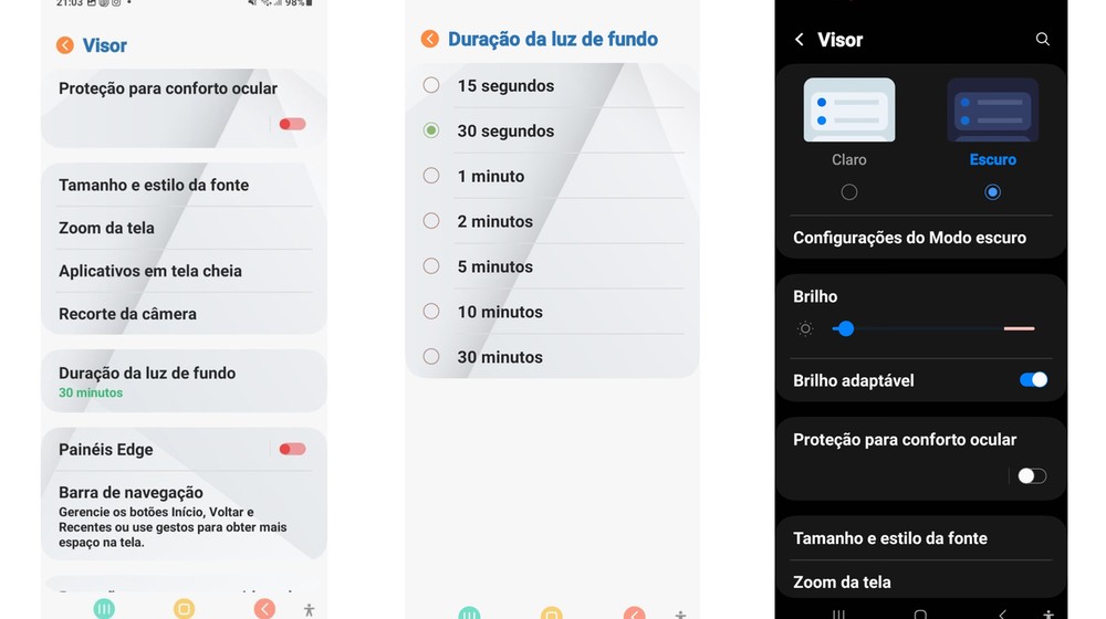 Teste reduziu o tempo para a tela apagar de 30 minutos para 30 segundos e manteve o brilho adaptável ativado — Foto: Reprodução/ Android Galaxy A03