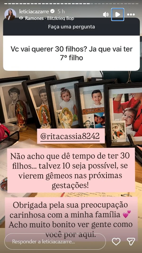 Letícia Cazarré fala sobre possibilidade de ter mais filhos: “Talvez 10”